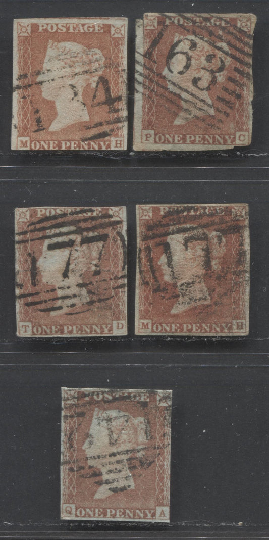 Lot  420 Great Britain - Barred Numeral Cancels For England & Wales: 100-199 SC#3 1d Red Brown 1841-1854 1d Red Imperf Issue, #134, #163, #177, #142, 5 Good & VG Used Singles, Estimated Value $16