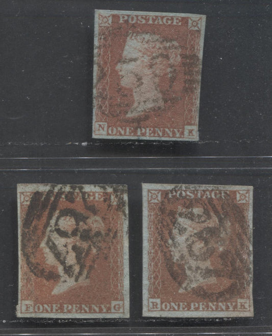 Lot  423 Great Britain - Barred Numeral Cancels For England & Wales: 200-299 SC#3 1d Red Brown 1841-1854 1d Red Imperf Issue, #259 and #267, 3 Fine Used Singles, Estimated Value $48