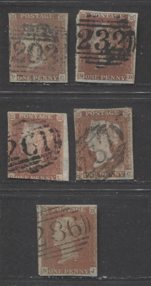 Lot  424 Great Britain - Barred Numeral Cancels For England & Wales: 200-299 SC#3 1d Red Brown 1841-1854 1d Red Imperf Issue, #203, #232, #261, #267 and #286, 5 Good & VG Used Singles, Estimated Value $20