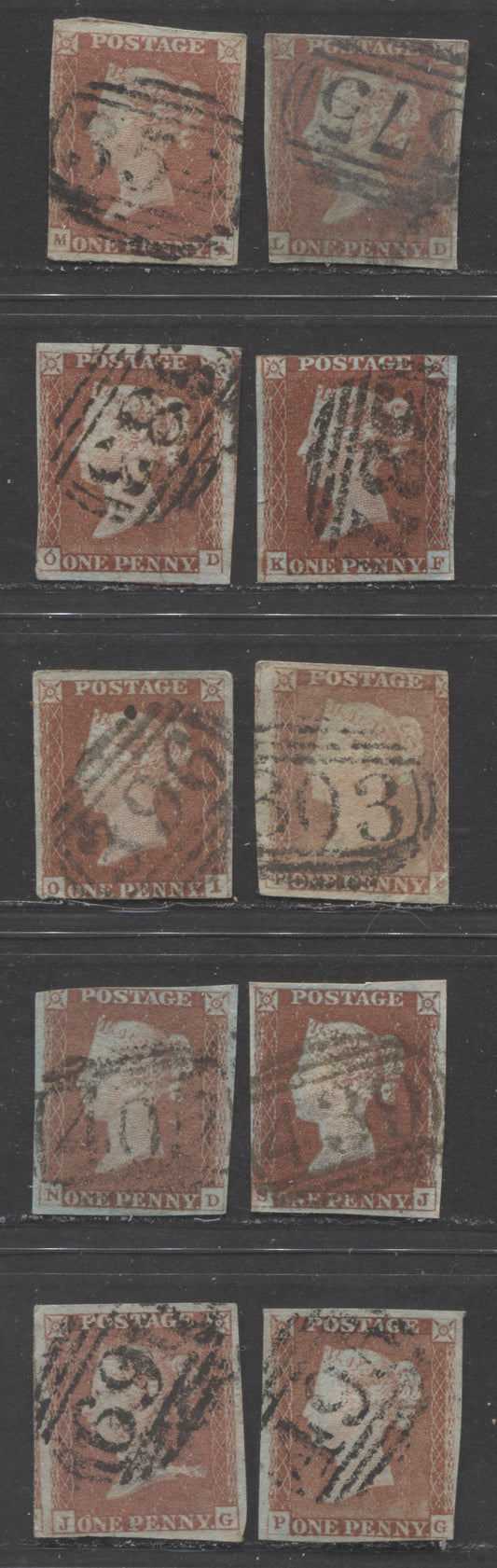 Lot  425 Great Britain - Barred Numeral Cancels For England & Wales: 300-499 SC#3 1d Red Brown 1841-1854 1d Red Imperf Issue, #303, #354, #375, #383, #387, #396, #405, #439, #469 & #495, 10 Good & VG Used Singles, Estimated Value $30