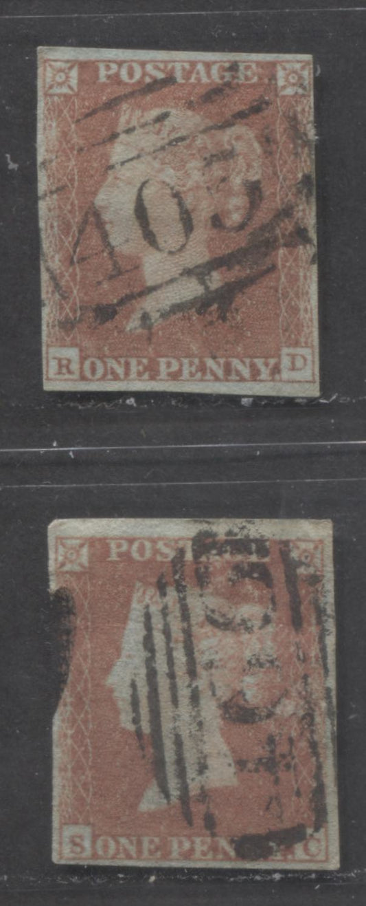 Lot  426 Great Britain - Barred Numeral Cancels For England & Wales: 300-499 SC#3 1d Red Brown 1841-1854 1d Red Imperf Issue, #405 & #466, 2 VG & Fine Used Singles, Estimated Value $25