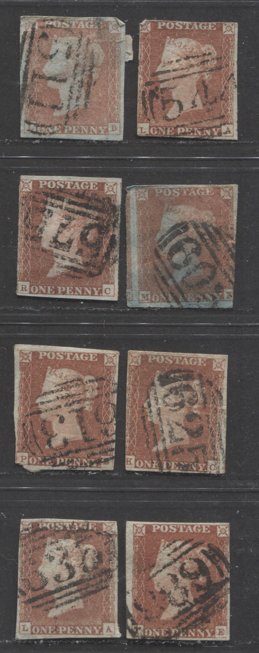 Lot  427 Great Britain - Barred Numeral Cancels For England & Wales: 500-699 SC#3 1d Red Brown 1841-1854 1d Red Imperf Issue, #511, #544, #575, #609, #613, #625, #635 & #688, 8 Ungraded Used Singles, Estimated Value $15
