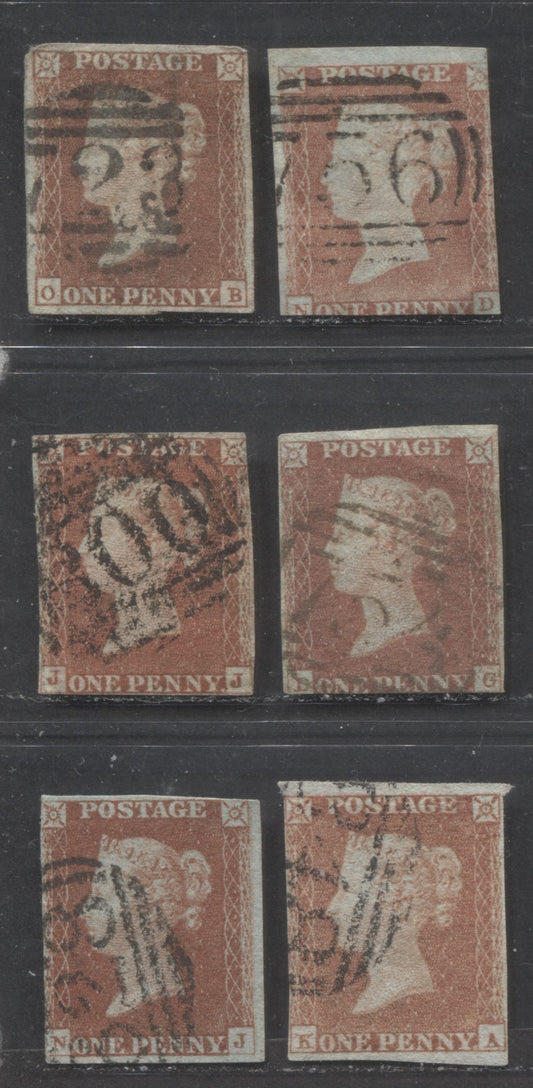 Lot  428 Great Britain - Barred Numeral Cancels For England & Wales: 700-850 SC#3 1d Red Brown 1841-1854 1d Red Imperf Issue, #723, #754, #756, #800, #828 and #848, 6 Ungraded Used Singles, Estimated Value $10