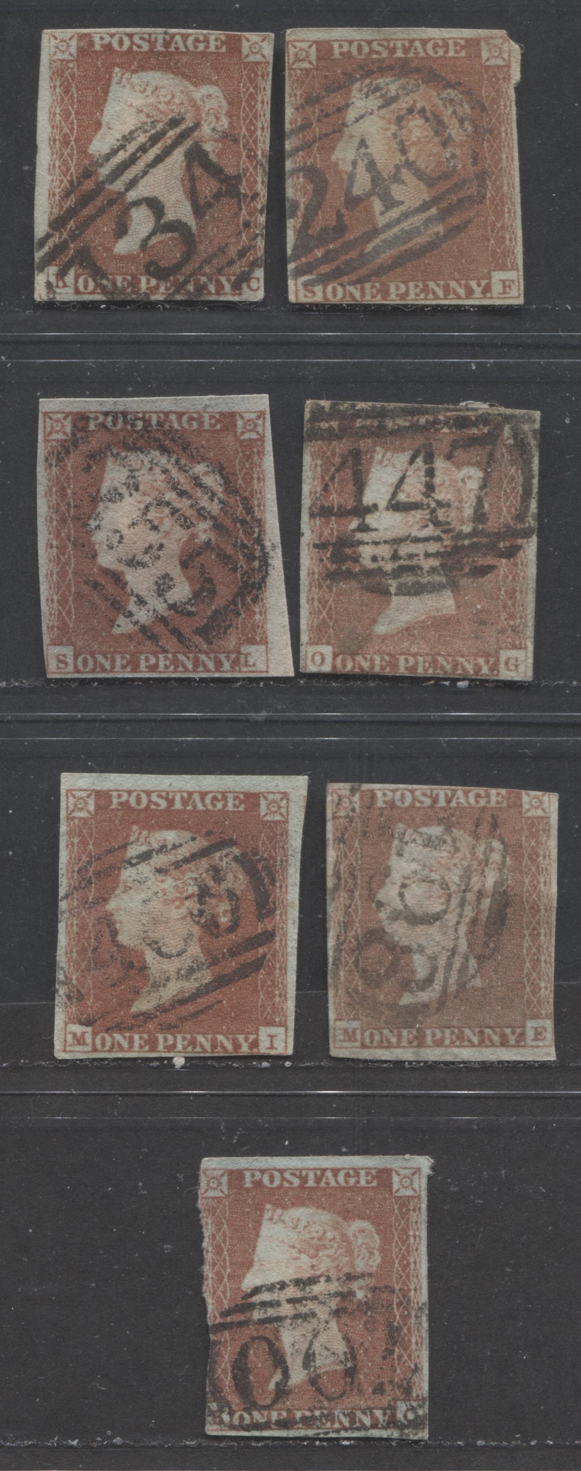 Great Britain - Barred Numeral Cancels For England & Wales: 200-700 SC#3 1d Red Brown 1841-1854 1d Red Imperf Issue, #134, #240, #355, #447, #466, #498, #700, 7 Ungraded Used Singles, Estimated Value $12