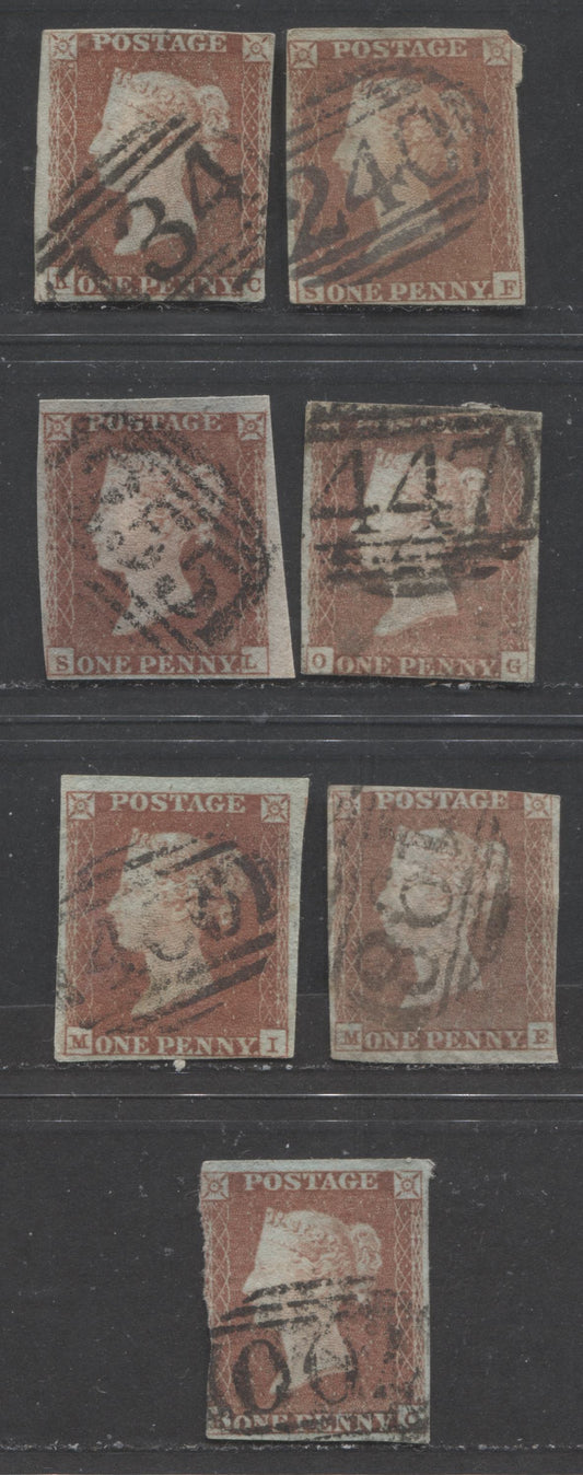 Lot  430 Great Britain - Barred Numeral Cancels For England & Wales: 200-700 SC#3 1d Red Brown 1841-1854 1d Red Imperf Issue, #134, #240, #355, #447, #466, #498, #700, 7 Ungraded Used Singles, Estimated Value $12