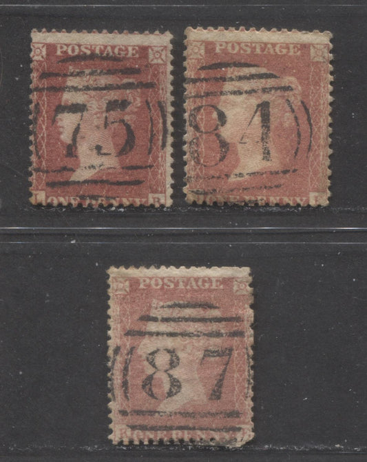 Lot  431 Great Britain - Barred Numeral Cancels For England & Wales: 1-99 SC#20 1d Rose Red & Pale Rose Red 1857-1863 1d Red Stars, Large Crown, White Paper, Perf. 14 Issue, #75, #84, #87, 3 Good & VG Used Singles, Estimated Value $5