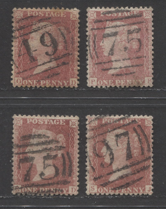Lot  432 Great Britain - Barred Numeral Cancels For England & Wales: 1-99 SC#20 1d Rose Red & Pale Rose Red 1857-1863 1d Red Stars, Large Crown, White Paper, Perf. 14 Issue, #49, #75, #97, 4 VF Used Singles, Estimated Value $265