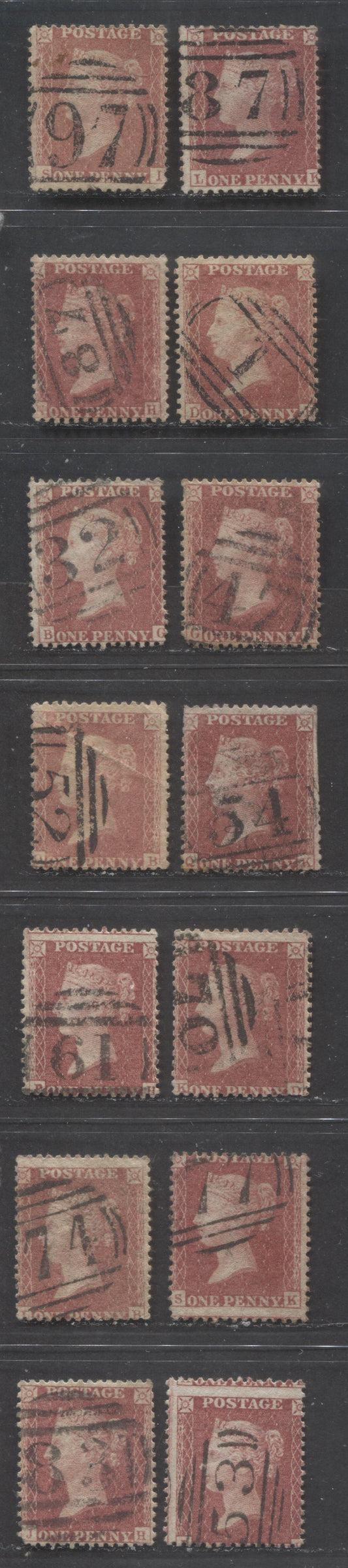 Lot  433 Great Britain - Barred Numeral Cancels For England & Wales: 1-99 SC#20 1d Rose red & Deep Rose Red 1857-1863 1d Red Stars, Large Crown, White Paper, Perf. 14 Issue, #1/#97, 14 Good & VG Used Singles, Estimated Value $16