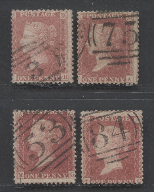 Lot  434 Great Britain - Barred Numeral Cancels For England & Wales: 1-99 SC#20 1d Rose Red & Pale Rose Red 1857-1863 1d Red Stars, Large Crown, White Paper, Perf. 14 Issue, #3, #75, #53, & #84, 4 VG Used Singles, Estimated Value $12