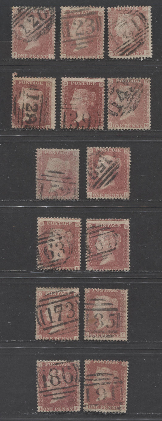 Lot  435 Great Britain - Barred Numeral Cancels For England & Wales: 100-199 SC#20 1d Rose Red 1857-1863 1d Red Stars, Large Crown, White Paper, Perf. 14 Issue, #120/#191, 14 Good, VG & Fine Used Singles, Estimated Value $115