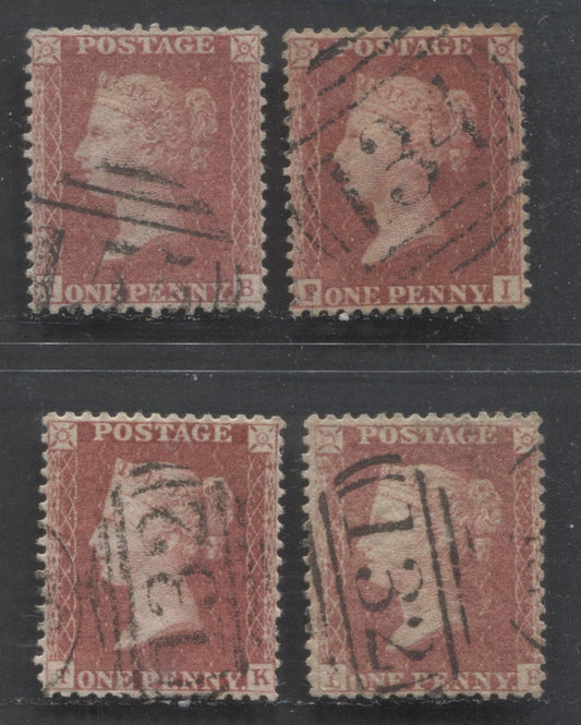 Lot  436 Great Britain - Barred Numeral Cancels For England & Wales: 100-199 SC#20 1d Rose Red 1857-1863 1d Red Stars, Large Crown, White Paper, Perf. 14 Issue, #132, #134, And #155, 4 VF Used Singles, Estimated Value $35