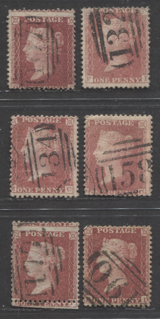 Lot  438 Great Britain - Barred Numeral Cancels For England & Wales: 100-199 SC#20 1d Rose Red & Deep Rose Red 1857-1863 1d Red Stars, Large Crown, White Paper, Perf. 14 Issue, #107, #132, #134, #158, #177, #190, 6 Good & VG Used Singles, Est. Value $10