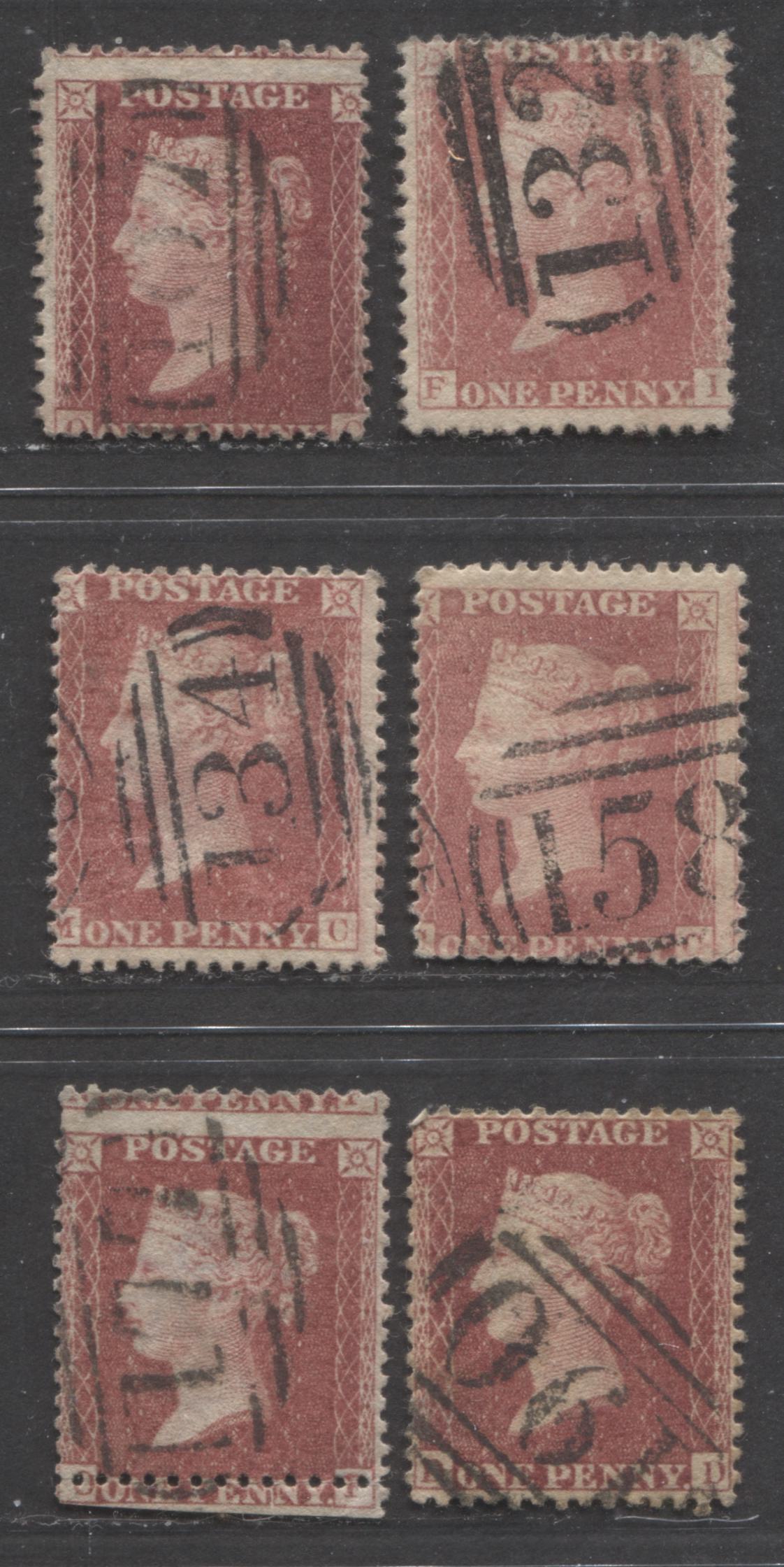 Great Britain - Barred Numeral Cancels For England & Wales: 100-199 SC#20 1d Rose Red & Deep Rose Red 1857-1863 1d Red Stars, Large Crown, White Paper, Perf. 14 Issue, #107, #132, #134, #158, #177, #190, 6 Good & VG Used Singles, Est. Value $10