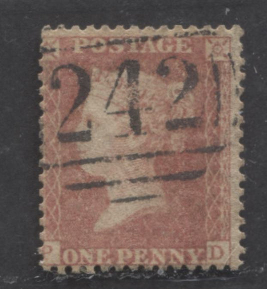 Lot  440 Great Britain - Barred Numeral Cancels For England & Wales: 200-299 SC#20 1d Rose Red 1857-1863 1d Red Stars, Large Crown, White Paper, Perf. 14 Issue, #242 Savoy St. Printing on Cream Tinted Paper, A Good Used Singles, Estimated Value $10