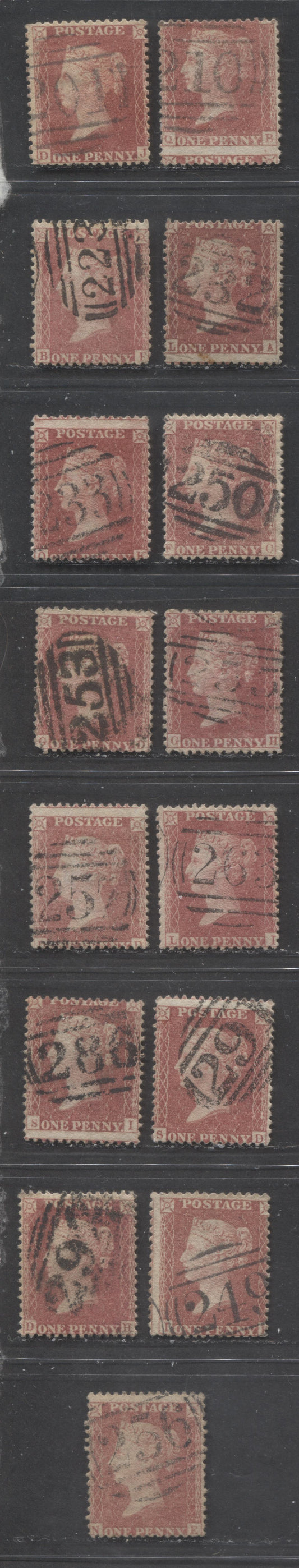 Lot  441 Great Britain - Barred Numeral Cancels For England & Wales: 200-299 SC#20 1d Rose red & Deep Rose Red 1857-1863 1d Red Stars, Large Crown, White Paper, Perf. 14 Issue, #201/#291, 15 Good & VG Used Singles, Estimated Value $96