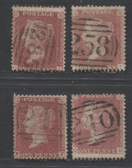 Lot  442 Great Britain - Barred Numeral Cancels For England & Wales: 200-299 SC#20 1d Rose red & Deep Rose Red 1857-1863 1d Red Stars, Large Crown, White Paper, Perf. 14 Issue, #240, #242, #258 and #285, 4 Good, VG and Fine Used Singles, Est. Value $10
