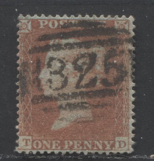 Lot  443 Great Britain - Barred Numeral Cancels For England & Wales: 300-399 SC#8a 1d Yellow Brown 1854-1855 1d Red Stars, Small Crown, Bluish Paper, Perf. 16 Issue, #325, Die 1, Alphabet II, A Fine Used Singles, Estimated Value $25