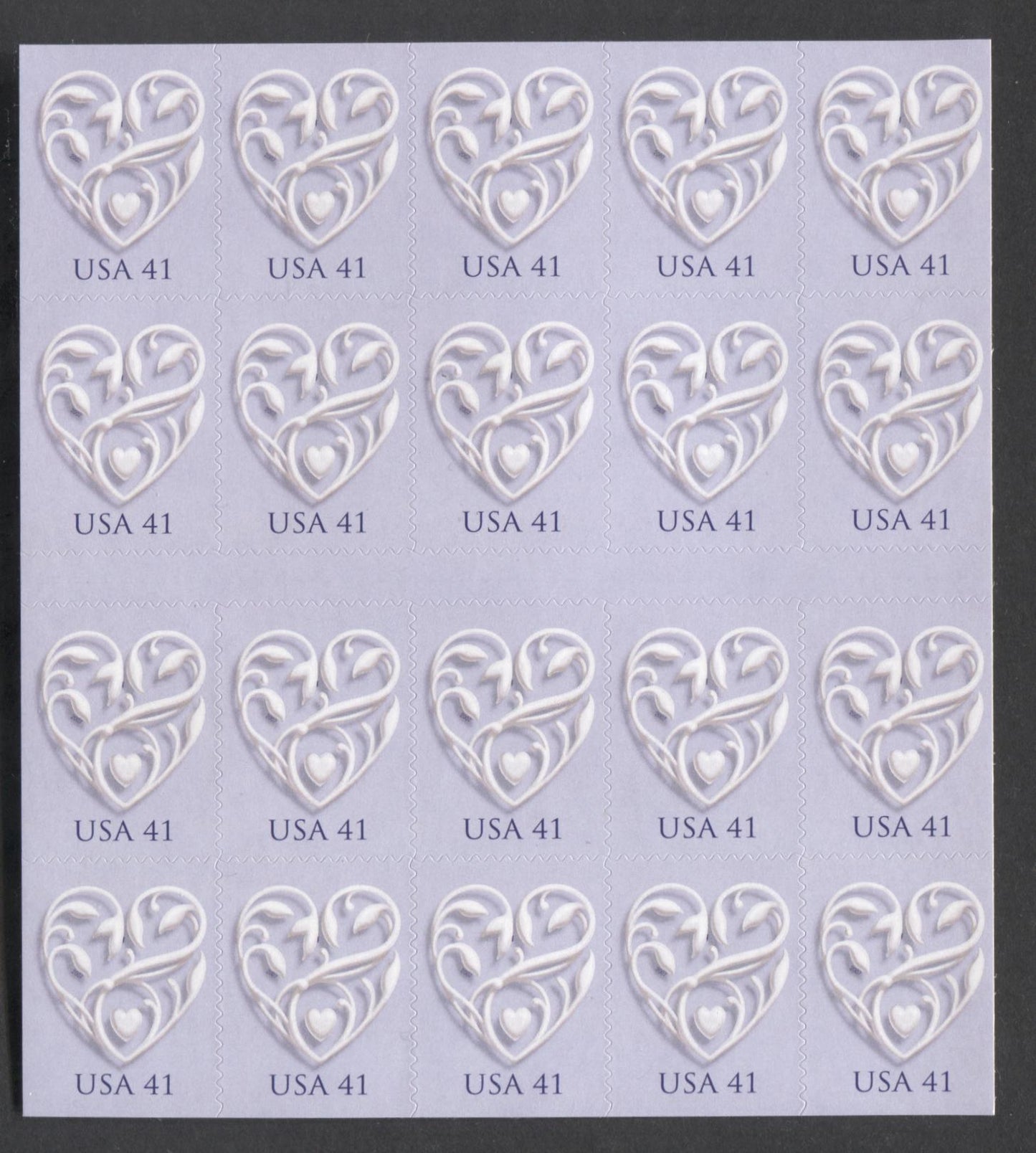 Lot 5 United States SC#4151a 41c Lilac 2007 Wedding Hearts Issue, A VFNH Pane Of 20, Click on Listing to See ALL Pictures, 2017 Scott Cat. $20