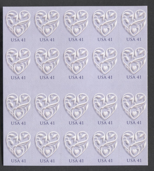 Lot 5 United States SC#4151a 41c Lilac 2007 Wedding Hearts Issue, A VFNH Pane Of 20, Click on Listing to See ALL Pictures, 2017 Scott Cat. $20
