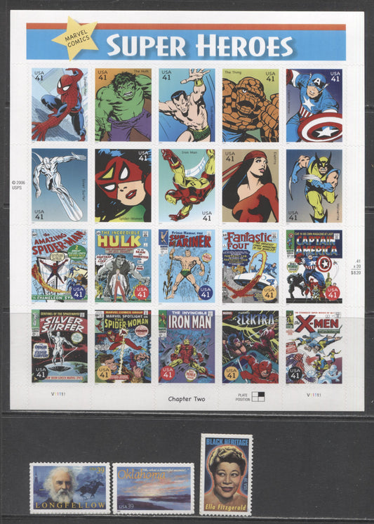 Lot 7 United States SC#4120/4159 2007 Black Heritage, Oklahoma Statehood, Literary Arts & Marvel Comic Superheroes Issues, 4 VFNH Singles & Sheet Of 20, Click on Listing to See ALL Pictures, 2017 Scott Cat. $19.4