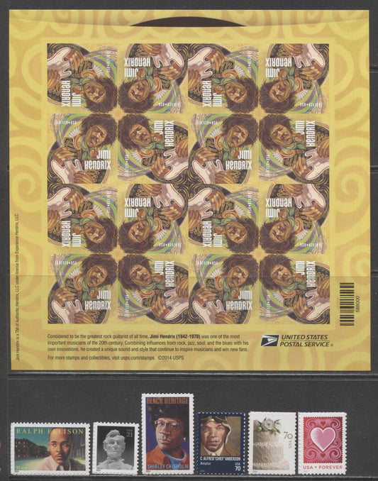 Lot 93 United States SC#4856/4880 2014 Black Heritage/Music Icons Issues, 7 VFNH Singles & Sheet Of 16, Click on Listing to See ALL Pictures, 2017 Scott Cat. $23.15