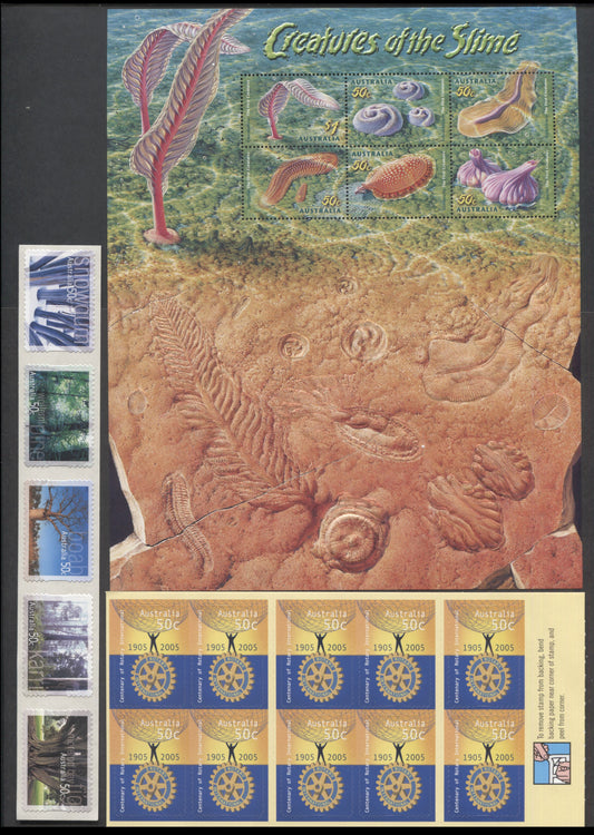 Australia SC#2382a/2421a 2005 Creatures Of The Slime, Rotary International & Trees Issues, 3 VFNH Strip Of 5, Souvenir Sheet & Booklet Of 10, Click on Listing to See ALL Pictures, 2017 Scott Cat. $18.75