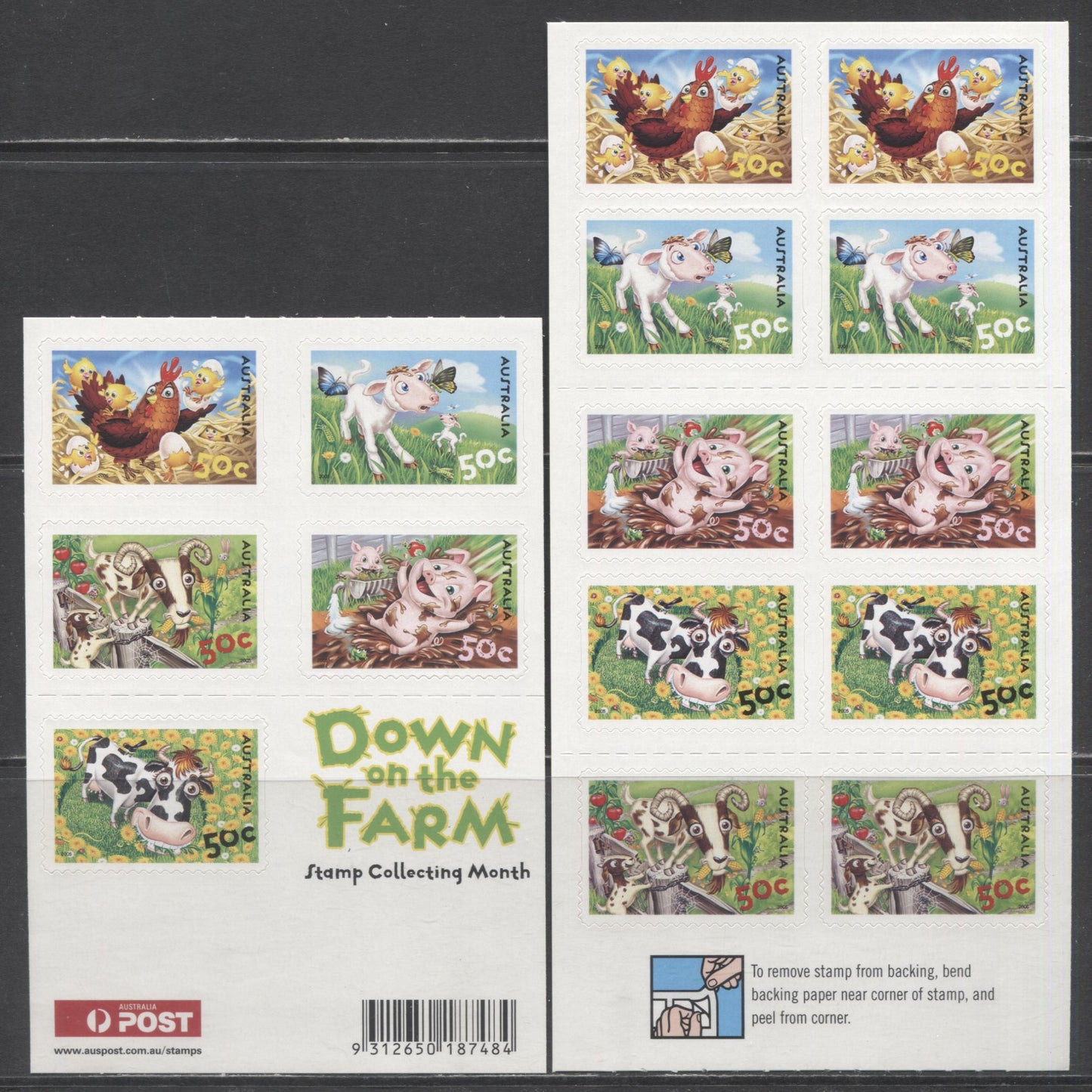 Australia SC#2347a-2347b 2005 Down On The Farm Issue, 2 VFNH Booklet Panes Of 5 & 10, Click on Listing to See ALL Pictures, 2017 Scott Cat. $16