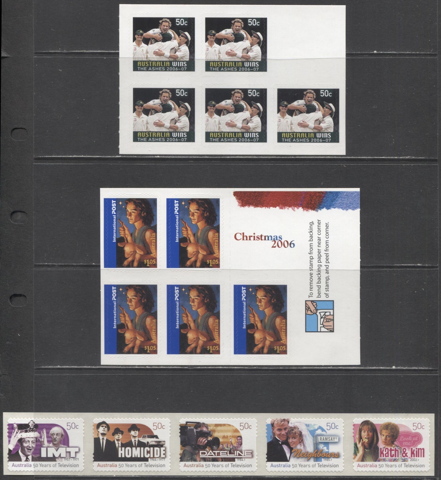 Australia SC#2581c/2593c 2006-2007 TV In Australia, Christmas & AU Victory In '06 Ashes Cricket Issues, 3 VFNH Strip Of Booklet Panes Of 5, Click on Listing to See ALL Pictures, 2017 Scott Cat. $18.25