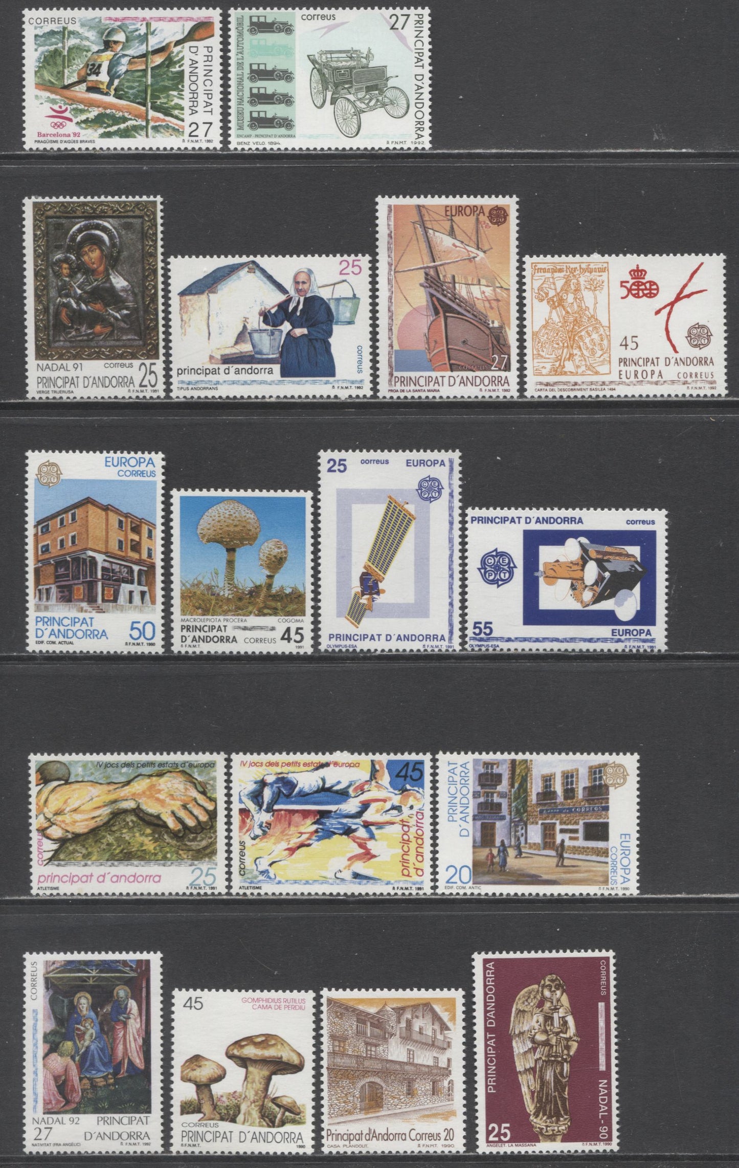 Andorra (Spanish Admin) SC#205-221 1990-1992 Europa/Automobile Museum Issues, 17 VFNH Singles, Click on Listing to See ALL Pictures, 2017 Scott Cat. $16.25