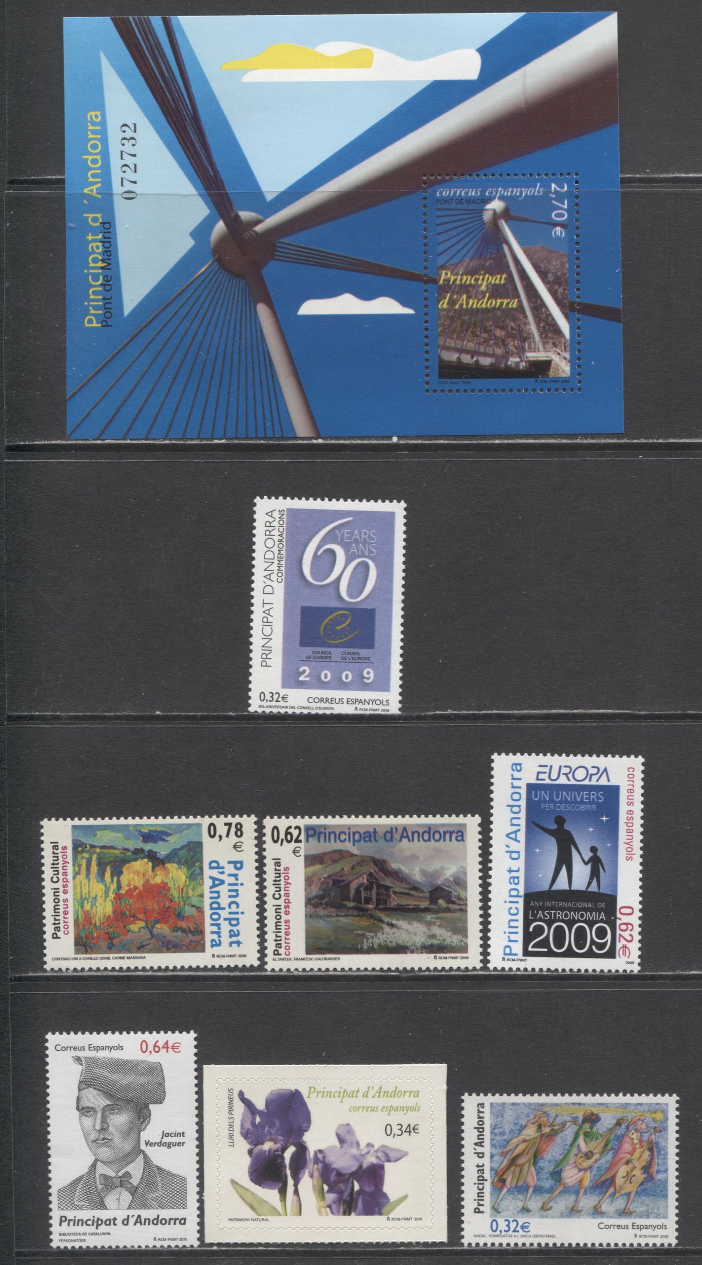 Andorra (Spanish Admin) SC#349/357 2009-2010 Council Of Europe/Iris Issues, 7 VFNH Singles & Souvenir Sheet, 2017 Scott Cat. $17.3