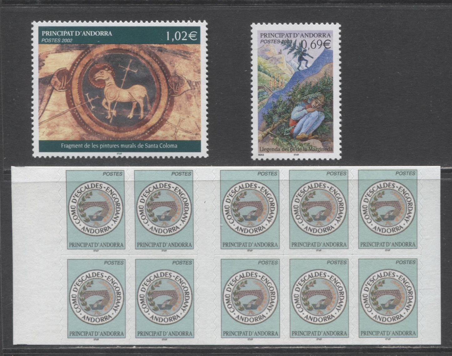 Lot 90 Andorra (French Admin) SC#564-566 2002 Santa Coloma Wall Painting, Arms & Margineda Pine Issues, 3 VFNH Singles & Booklet of 10, Click on Listing to See ALL Pictures, 2017 Scott Cat. $21