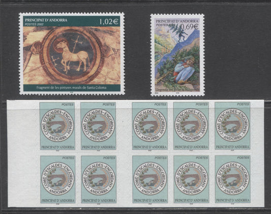 Lot 90 Andorra (French Admin) SC#564-566 2002 Santa Coloma Wall Painting, Arms & Margineda Pine Issues, 3 VFNH Singles & Booklet of 10, Click on Listing to See ALL Pictures, 2017 Scott Cat. $21