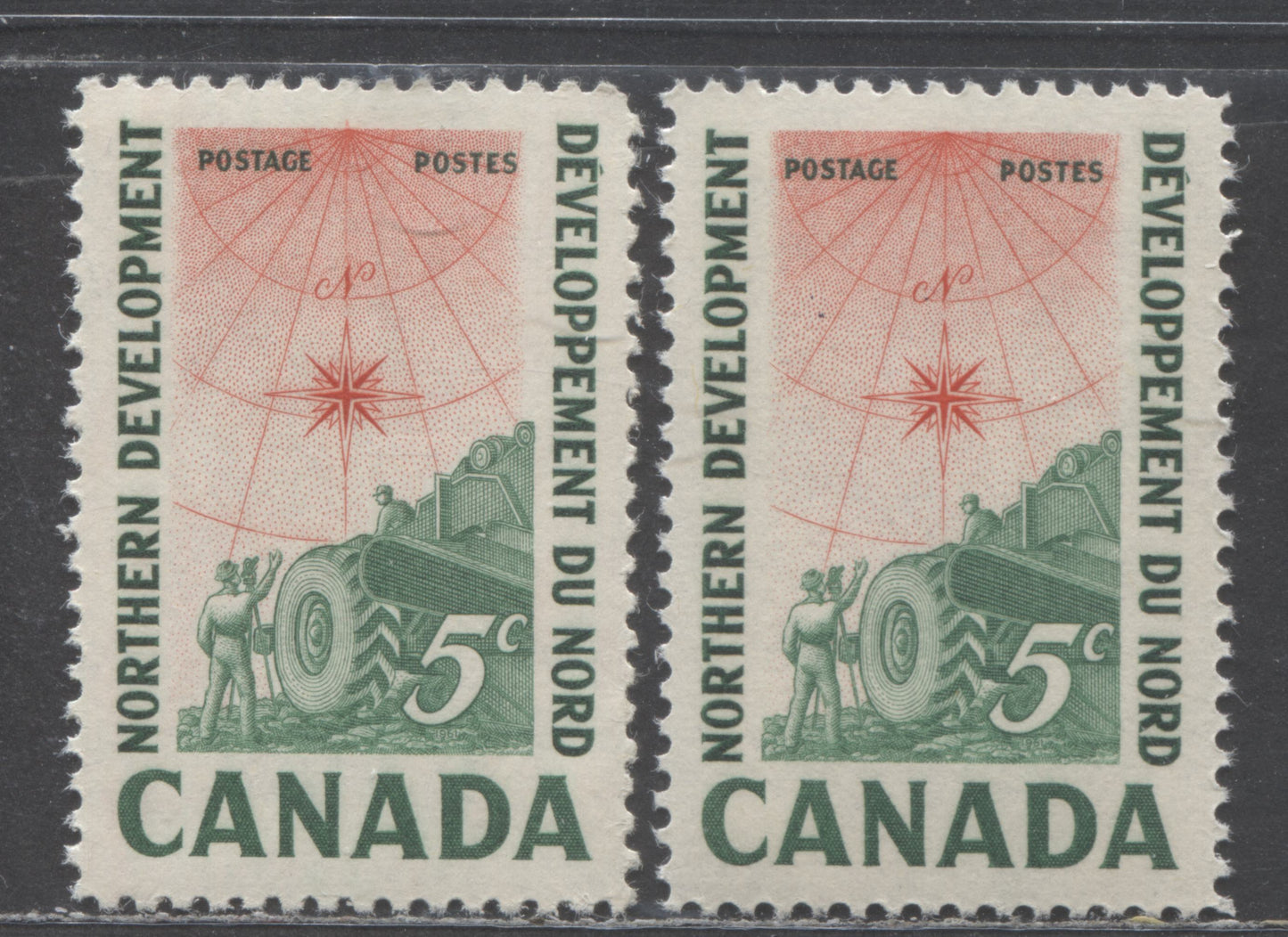 Canada #391var 5c Deep Emerald & Red Surveying Crew, 1961 Northern Development Issue, 2 VFNH Singles Major Leftward Vignette Shift, NF Ribbed Paper