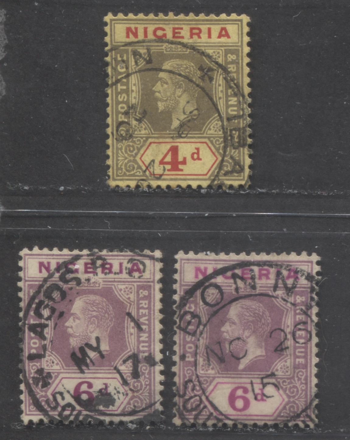 Lot 438 Nigeria SC#6/7 1914-1924 King George V Imperium Keyplate Issue, Wmk  Multiple Crown CA, With SON Lagos, Ibadan & Bonny CDS Cancels, 3 Fine & VF Used  Singles, Click on Listing to See ALL Pictures, 2022 Scott Classic Cat. $27.25