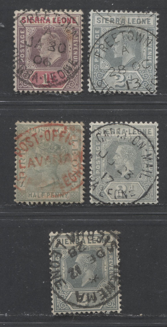 Lot 476 Sierra Leone SC#22  1883-1927 Queen Victoria - King George V Keyplates Issues, All With Interesting SON Cancels, 5 Fine & VF Used  Singles, Click on Listing to See ALL Pictures, Estimated Value $10