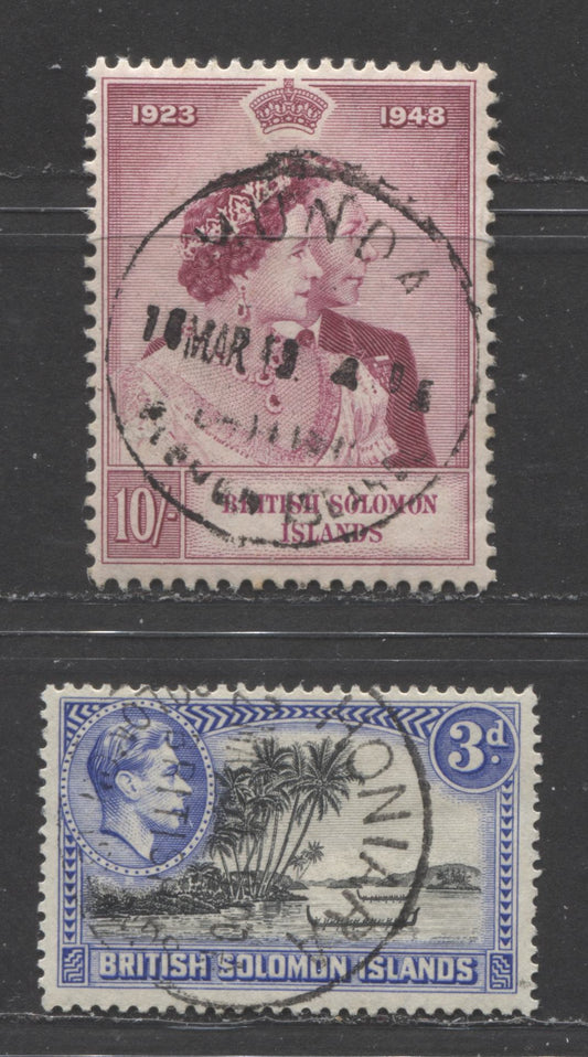 Lot 477 Solomon Islands SC#72  1938-1952 King George VI Pictorial Definitive Issue & Silver Wedding Issue, SON March 10, 1949 Munda and May 2, 1951 Honiara CDS Cancels, 2 VF Used  Singles, Click on Listing to See ALL Pictures, 2022 Scott Classic Cat. $15