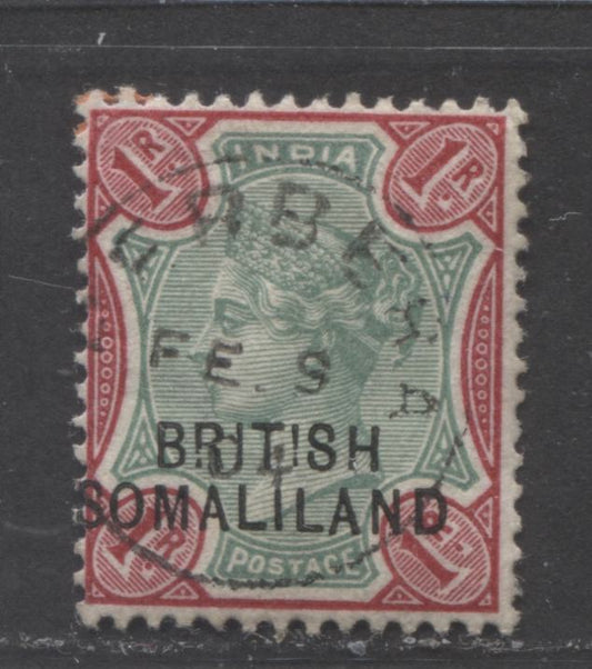 Lot 478 Somaliland SC#16 1R Green & Aniline Carmine 1903 Overprinted Queen Victoria Keyplate Issue, Overprint at Base, February 9, 1904 Berbera CDS, A Fine Used Single, Click on Listing to See ALL Pictures, Estimated Value $8