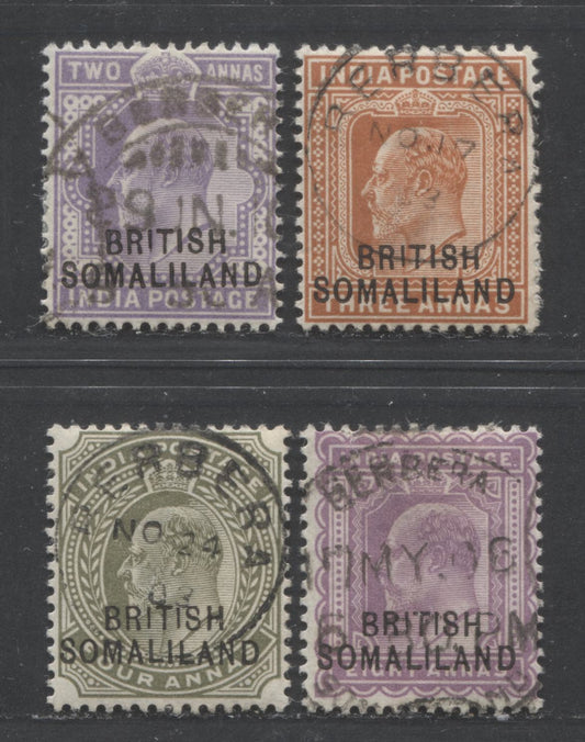 Lot 479 Somaliland SC#23  1903 King Edward VII Overprinted Keyplates of India, All With SON Berbera CDS Cancels, 4 VF Used  Singles, Click on Listing to See ALL Pictures, 2022 Scott Classic Cat. $11.5