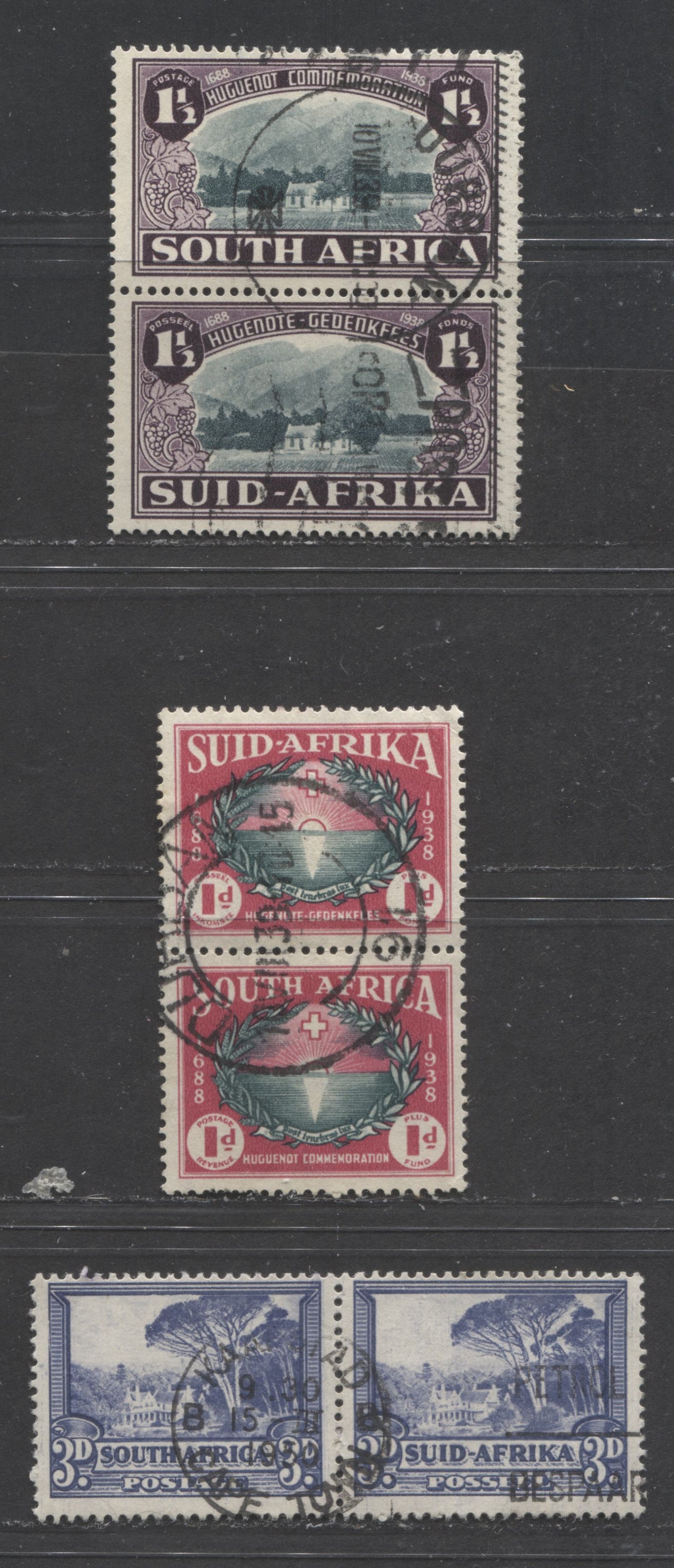 Lot 480 South Africa SC#57c  1933-1954 Pictorial Definitives - Hugenot Semi-Postal Issue, All With SON Cancels, Including Durban and Cape Town, 3 Fine Used Pairs, Click on Listing to See ALL Pictures, Estimated Value $15