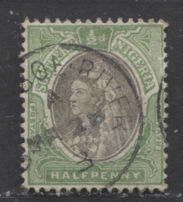 Lot 481 Southern Nigeria SC#1a 1/2d Yellow Green & Grey 1900-1902 Queen Victoria Keyplate Issue, With SON March 28, 1903 Qua-Iboe CDS Cancel, Extremely Rare According to Proud, A VF Used  Single, Click on Listing to See ALL Pictures, Estimated Value $500