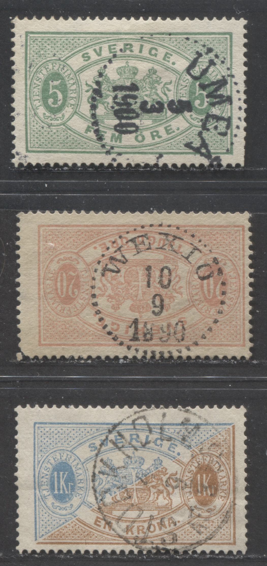 Lot 501 Sweden SC#O15  1881-1896 Arms Official Issue, Perf. 13, All With SON CDS Town Cancels Including Stockholm, Wexio and Umea, 3 VG & Fine Used Singles, Click on Listing to See ALL Pictures, Estimated Value $6