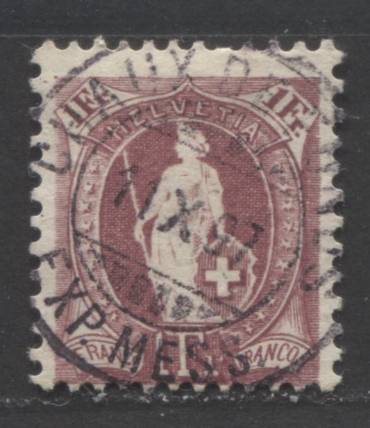 Lot 505 Switzerland SC#87a 1Fr Deep Claret 1891-1903 Standing Helvetia Issue, Wmk Cross in Oval Type II, Perf. 11.5 x 11, SON October 11, 1897 Chaux De Fonds CDS Cancel, A Fine Used Single, Click on Listing to See ALL Pictures, Estimated Value $5