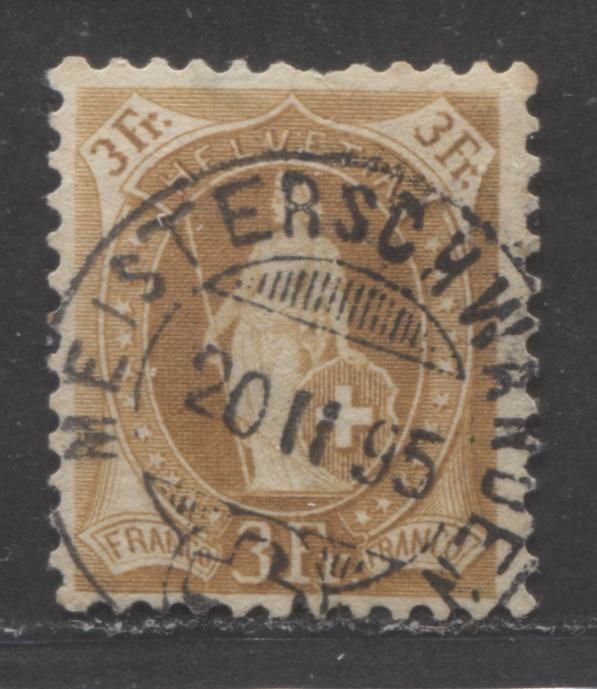 Lot 506 Switzerland SC#88 3Fr Yellow Brown 1882-1894 Standing Helvetia Issue, Wmk Cross in Oval Type I, Perf. 11.5-11.75, SON February 20, 1895 Meisterschwanden CDS, A Fine Used Single, Click on Listing to See ALL Pictures, Estimated Value $15