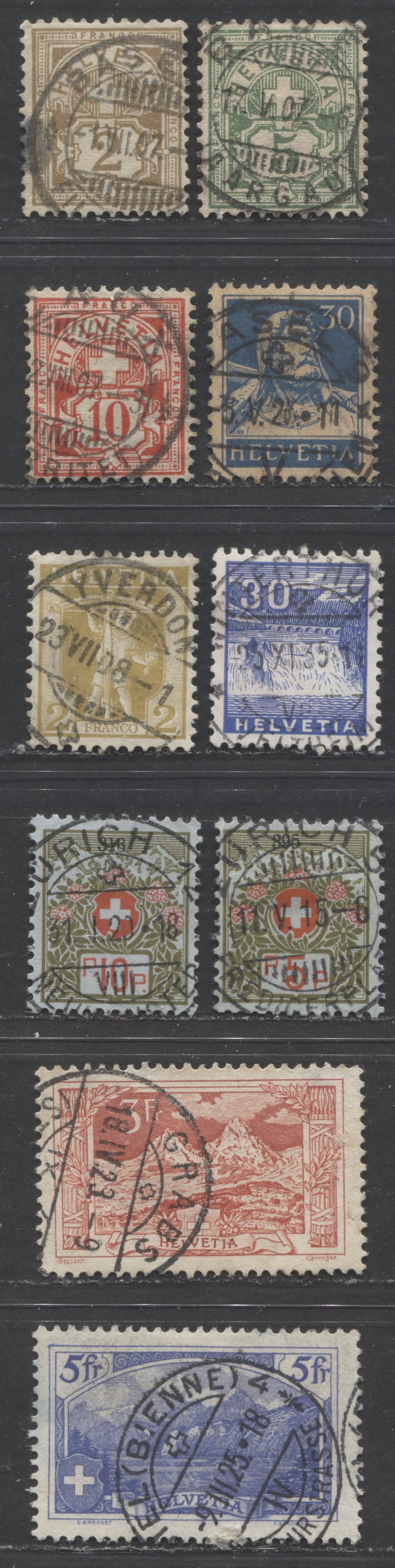 Lot 507 Switzerland SC#113  1905-1934 Numeral Issue Wmk Crosses on Granite Paper & Pictorial Issue, All With SON Town Cancels, 8 VF Used  Singles, Click on Listing to See ALL Pictures, Estimated Value $20