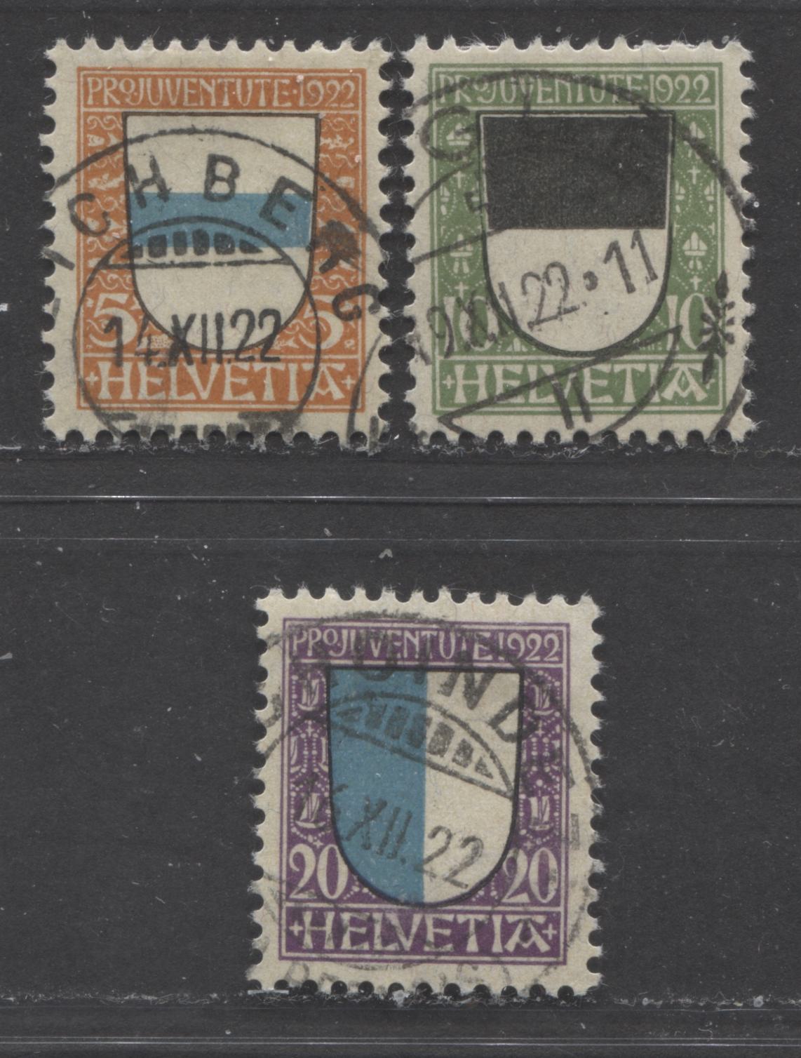 Lot 507A Switzerland SC#B21  1923 Arms Semi-Postal Issue, With In-Period SON CDS Town Cancels, 3 VF Used  Singles, Click on Listing to See ALL Pictures, 2022 Scott Classic Cat. $15.25