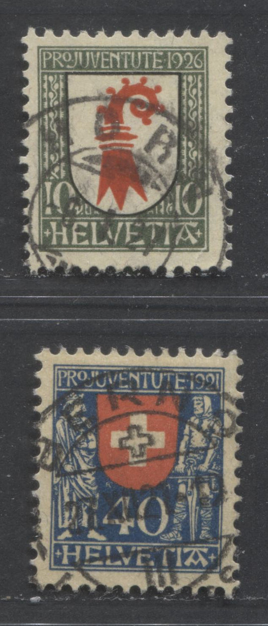 Lot 508 Switzerland SC#B24  1922-1926 Arms Semi-Postal Issue, With In-Period SON CDS Town Cancels, 2 VF & VG-F Used  Singles, Click on Listing to See ALL Pictures, Estimated Value $32