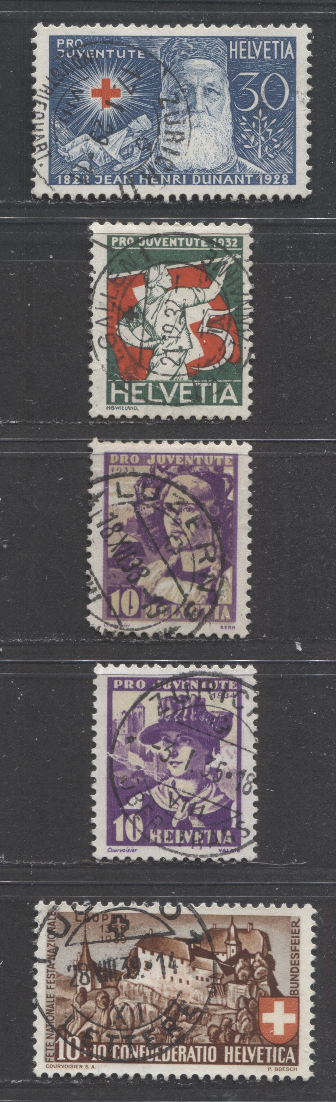 Lot 509 Switzerland SC#B48  1928-1939 Semi-Postal Issues, With In-Period SON CDS Town Cancels, 5 VF Used  Singles, Click on Listing to See ALL Pictures, Estimated Value $20