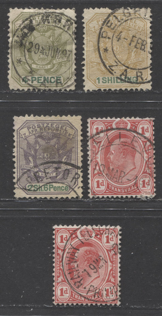 Lot 515 Transvaal SC#171  1896-1910 Arms Issues & King Edward VII Keyplates, All With SON Or Partial CDS Town Cancels Including Bellvue, Pretoria, Railway Telegraph And Others, 5 Fine & VF Used  Singles, 2022 Scott Classic Cat. $10.5