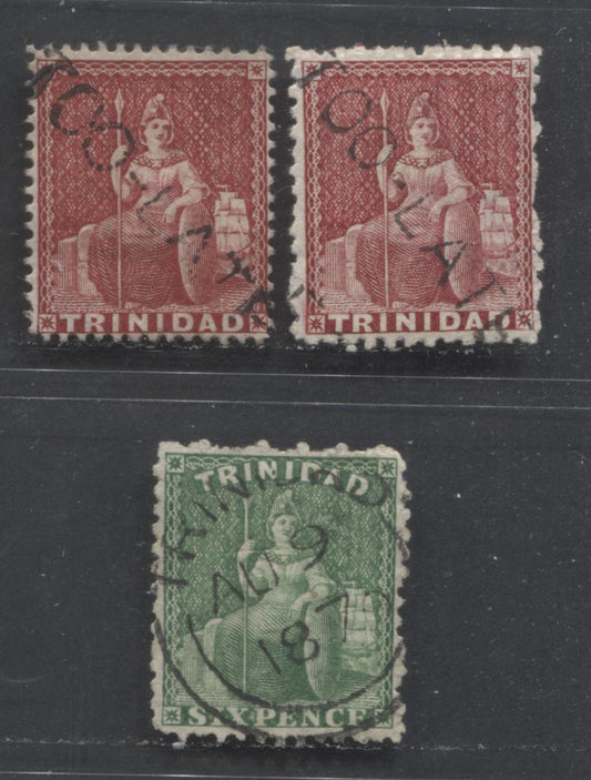 Lot 516 Trinidad SC#48c  1864-1876 Britannia Issues Watermarked Crown CC, Perf. 12.5 & 14, With SON "Too Late" and August 9, 1870 Trinidad CDS, 3 F/VF Used  Singles, Click on Listing to See ALL Pictures, Estimated Value $10