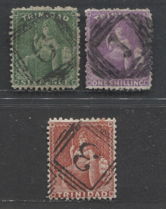 Lot 517 Trinidad SC#48  1864-1872 Britannia Issues Watermarked Crown CC, Perf. 12.5, With SON Numeral Cancels, Wmk Reversed on 1d Red, 3 F/VF Used  Singles, Click on Listing to See ALL Pictures, Estimated Value $17